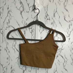 Mono B Asymmetrical Double-Strap Ribbed Crop Top in Camel